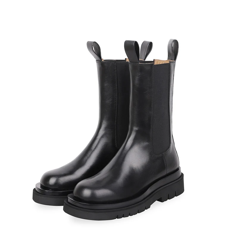 Black Platform Chelsea boots women round toe Thick Bottom ankle boots for women fashion brand design Knight Boots Woman - Цвет: Black Leather Lining
