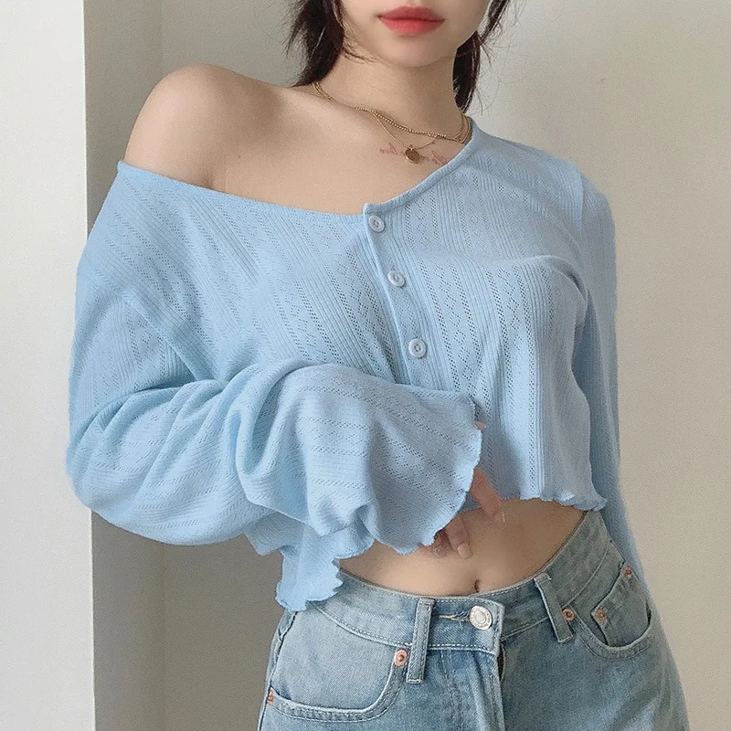 

spring and autumn knitted cardigan t-shirt women European and American cross-border new women's V-neck long-sleeved shirt women