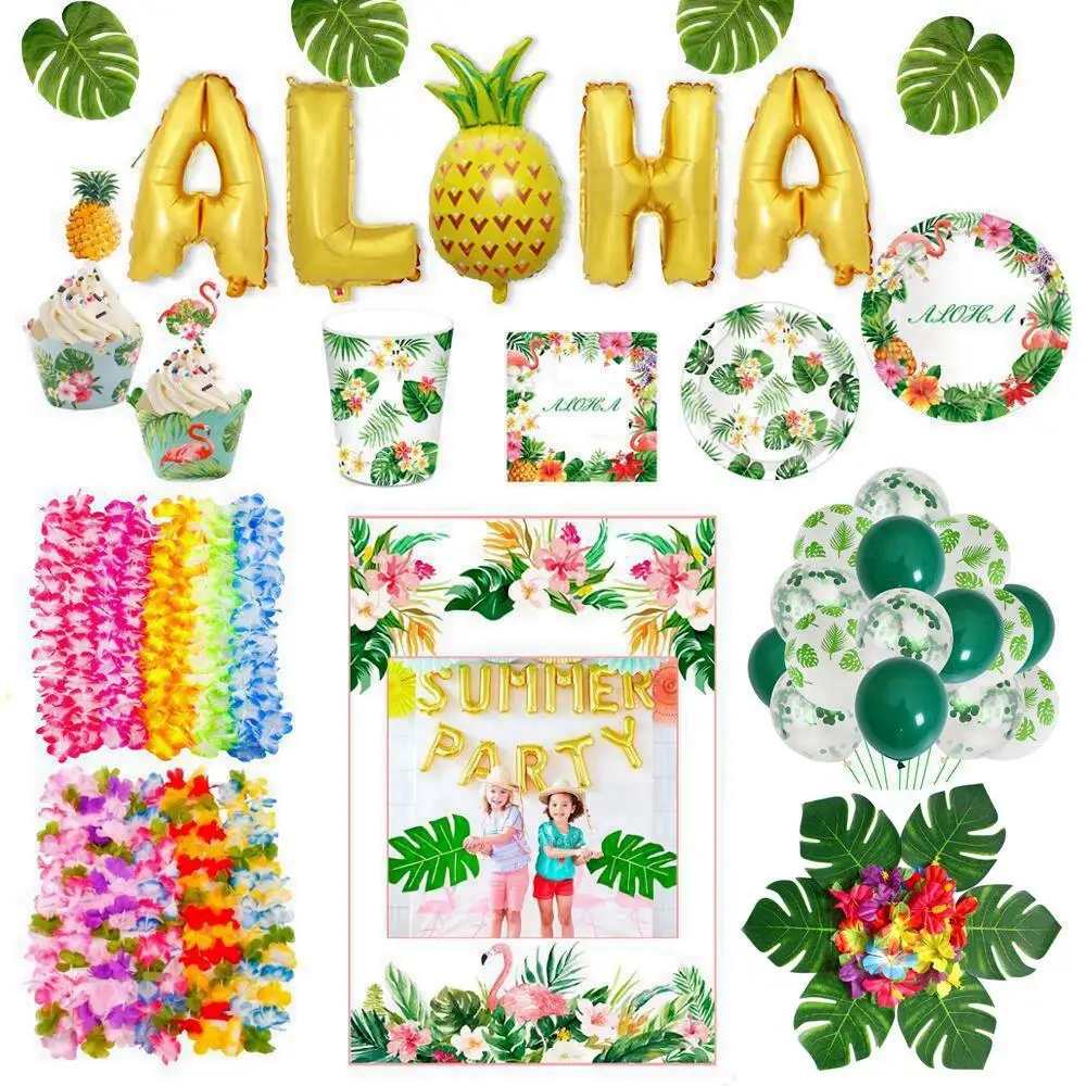 Liquidación Hawaii vajilla Flamingo Tropical Hawaiano decoración de la fiesta de la hoja de palma verde globos de vacaciones de verano fiesta Luau Aloha fiesta suministros 7WJoRqY5EKY