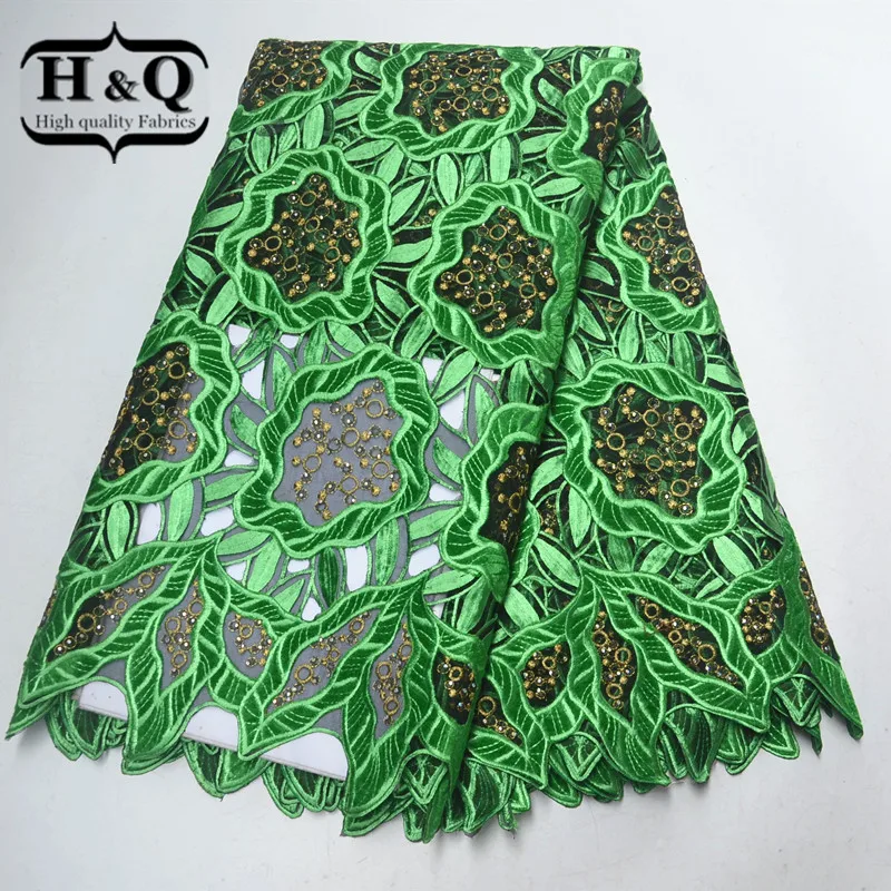 

H&Q African Lace Fabric High-End Embroidery Velvet Lace With Stones Hollow Design French Tulle Fabric 5 Yards/pcs For Clothing