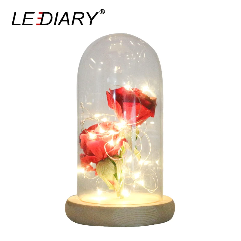 2pcs Red Rose Светодиодный светильник в виде розовых стеклянных бутылок, светодиодный ночник, домашний декор, деревянная основа для настольной лампы, 2 шт., подарок на день Святого Валентина - Испускаемый цвет: 2pcs Red Rose