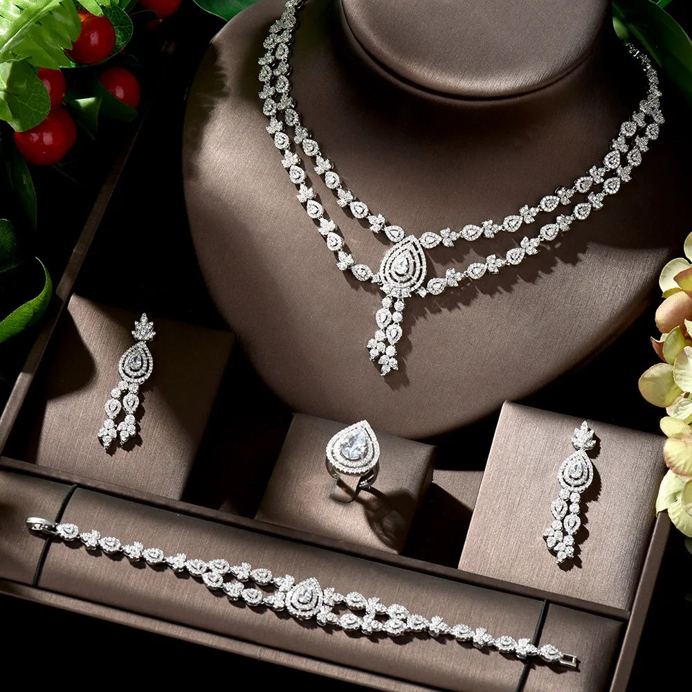 

HIBRIDE 2020 New Fashion Women Bridal 4pcs Jewelry Set Water Drop Shape Bridal Necklace and Earrings Set bijoux mariage N-810