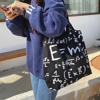 

Women Canvas Shoulder Bag Alphabet Geometric Print Large Capacity Shopping Bag Lady Eco Pure Cotton Handbag Junior Miss Tote Bag