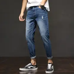 Популярные брендовые летние мужские джинсы в японском стиле с дырками, свободные облегающие брюки-Капри, мужские легкие цветные шаровары Su
