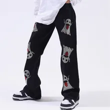 Pantalones vaqueros de gran tamaño para hombre, ropa de calle oscura, Ghost, diamantes de imitación, Punk, Hip Hop, rectos, informales, holgados, 2021