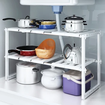 

Adjustable Double Layer Dishes Storage Rack Stainless Steel Floor Type Storage Holder Extendable Kitchen Under Sink Shelf