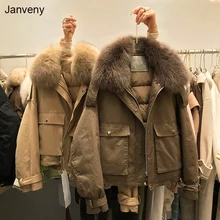 

Janveny Real Fox Fur Women's Down Jacket 2021 Short Loose 90% White Duck Down Coat Fashion Female Big Pocket Puffer Snow Outwear