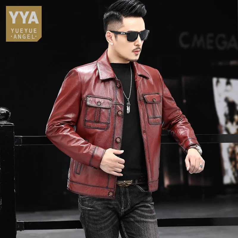 

Mens 100% Cow Leather Moto Biker Jacket Single Breasted Slim Fit Business Man Work Genuine Leather Jacket Autumn Windproof Coat