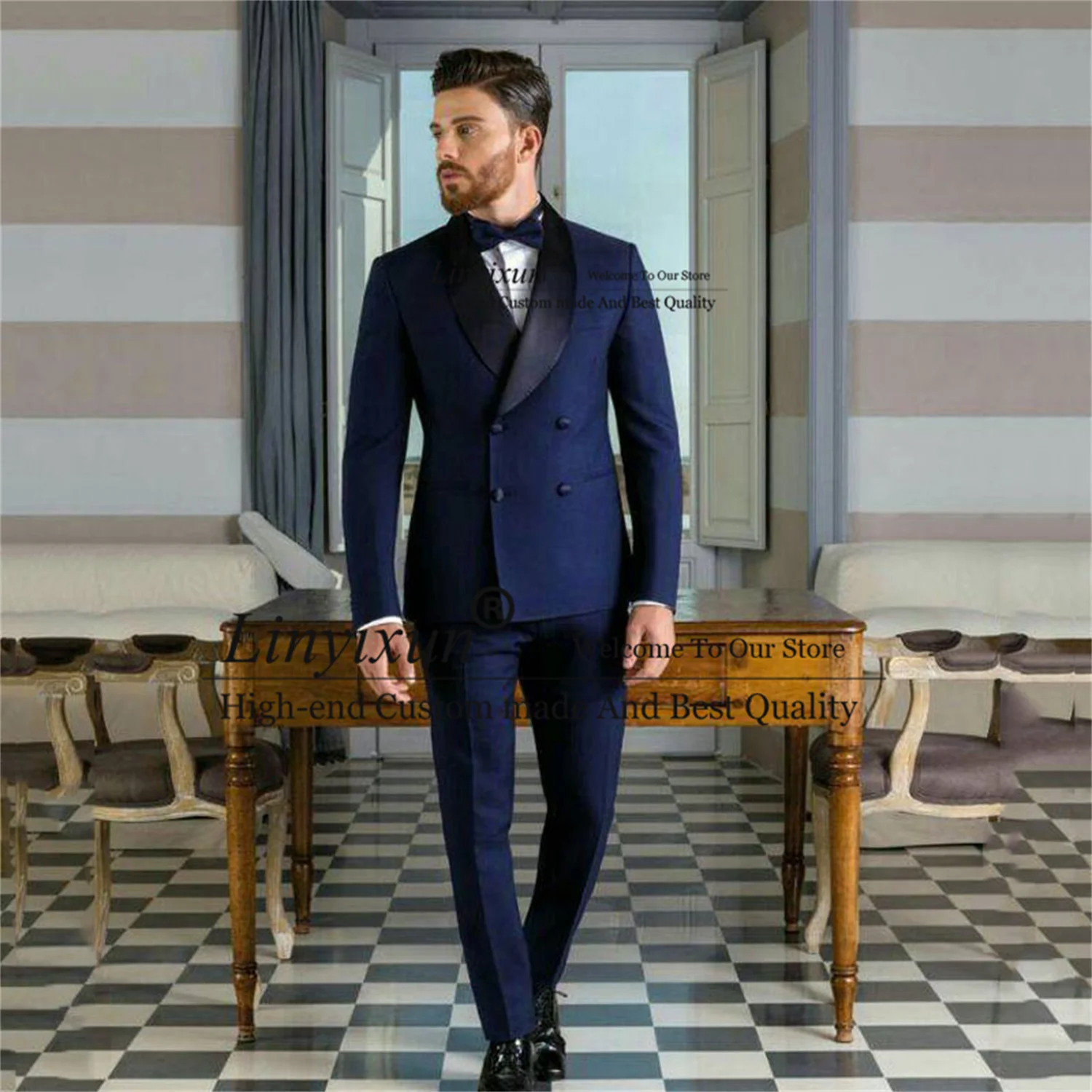 

Navy Blue Men's Groom Tuxedos Slim Fit Double Breasted Wedding Blazer Formal Prom Party Suit Men Wear 2 Pieces (Jacket+Pants)