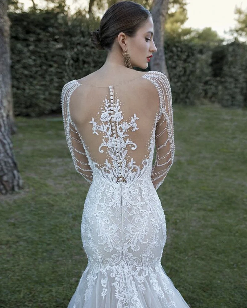 Свадебные платья русалки с длинными рукавами и бусинами на заказ Vestido De Novia Sirena Роскошные тюлевые платья с круглым вырезом и пуговицами