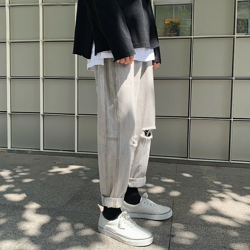 Men's jeans autumn and winter new loose solid color hole small feet jeans youth personality fashion trend men's clothing