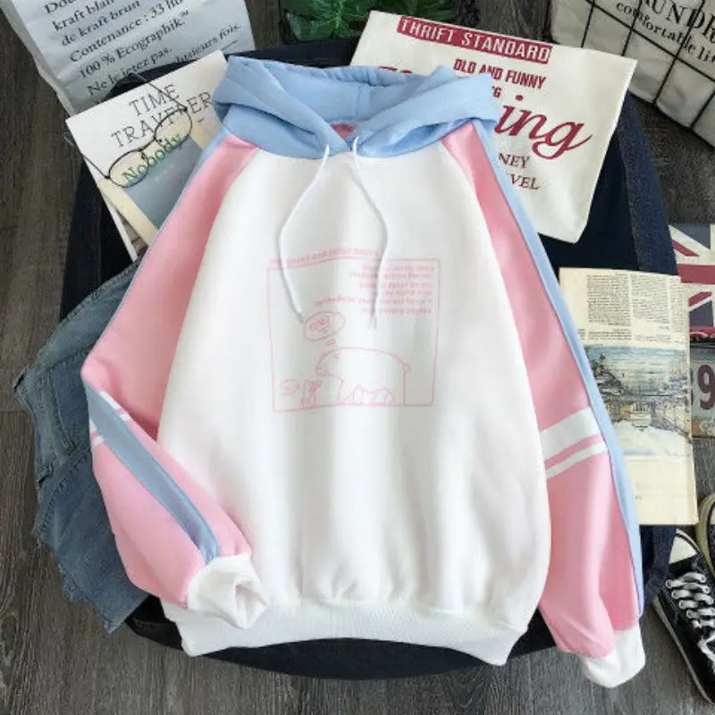 Осенне-зимние модные Лоскутные толстовки с рисунком из мультфильма, повседневные пуловеры, женские толстовки с капюшоном