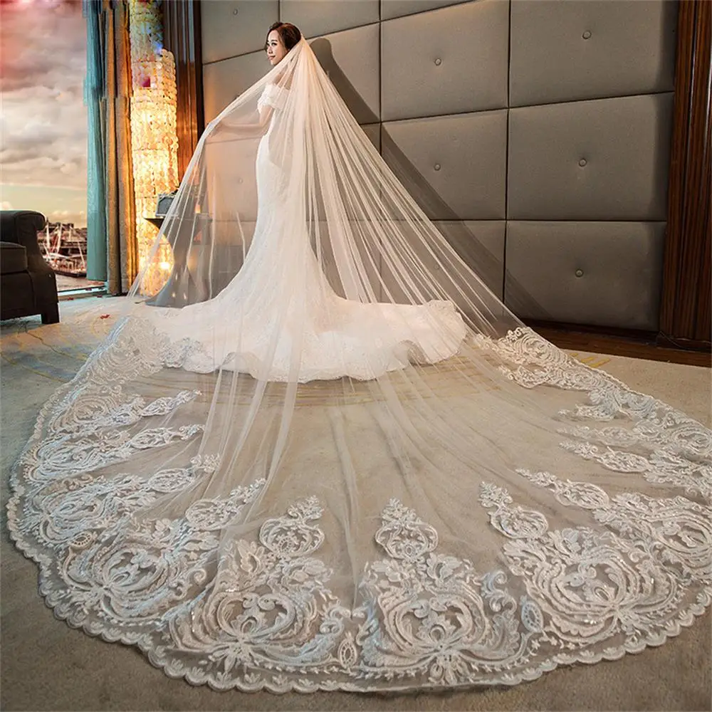 Bridal Veil 4M Long Cathedral Lace Applique Wedding Veil