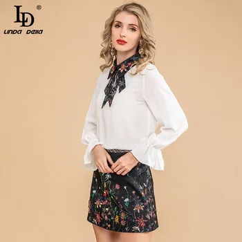 

LD LINDA DELLA Women Autumn Print Vintage Skirt Two Pieces Sets Designer Ladies Elegant white Pullover Shirt Tops＋Skirts Suits