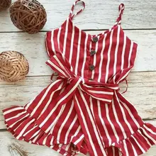 Модная От 3 до 8 лет, детская одежда для маленьких девочек, комбинезон в полоску без рукавов, со шнуровкой и бантом, Летний шифоновый наряд, комбинезон, красный и белый цвета, Прямая поставка