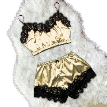 

2020 New Sexy Women Lace 2Pcs Lingerie Set Silk Stain Pajama Set Summer Stylish V Neck Sleeveless Sling Top Shorts Set Sleepwear