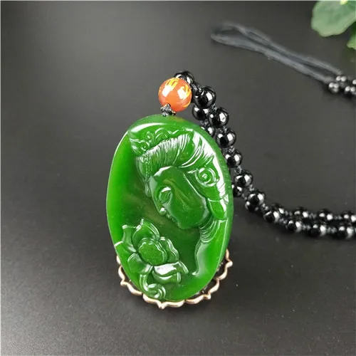 

Natural Green Chinese Jade Bodhisattva Pendant Necklace Fashion Charm Jewelry Carved Guanyin Amulet Gifts for Women Men