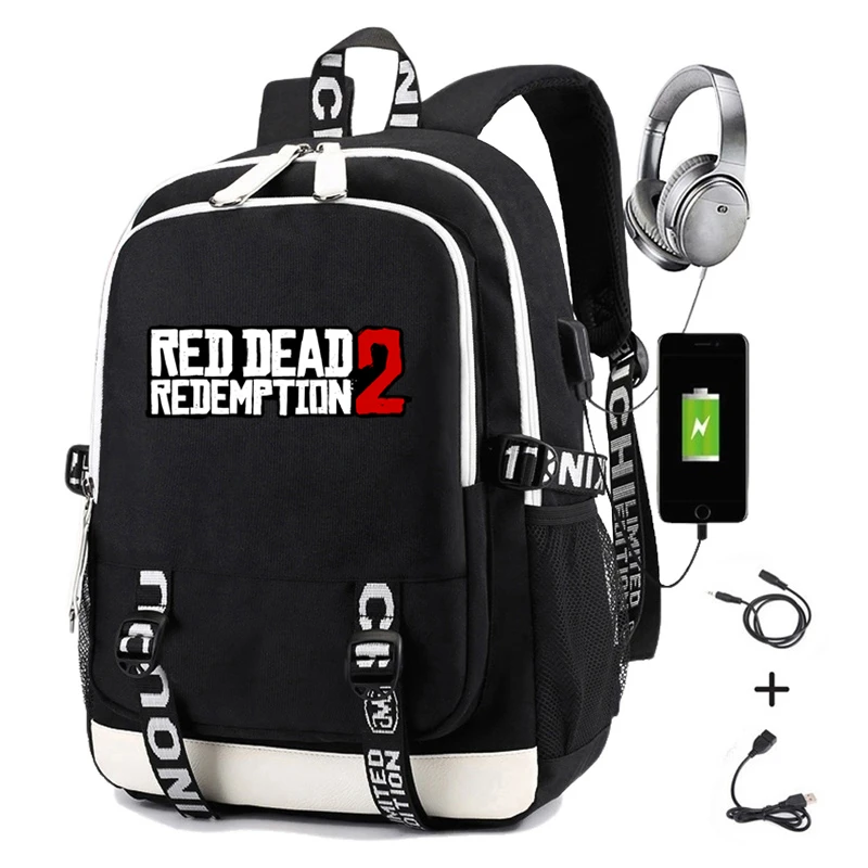 Black 01 Red Dead Redemption 2 Backpack with USB Charging Boys Girls School Bag Casual Men Travel Laptop Backpack Student Bookbag - Цвет: Black 01