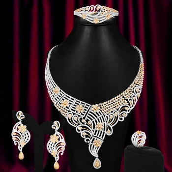 

Bicolor 4PCS Fashion Luxury Leaves Africa Jewelry Sets For Women Wedding Party Cubic Zirconia Dubai Bridal Jewelry Indian 2020