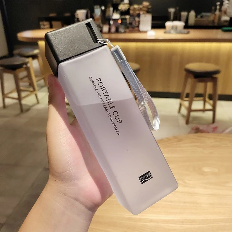 500ml Transparent Square Plastic Matte Water Cup Outdoor Cold Juice Sports with Portable Milk Rope | Дом и сад