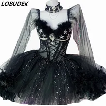 Звездные стразы, Сетчатое боди с рукавами из черного пера, юбка-пачка, наряд, праздничные вечерние платья для женщин, одежда для сцены, танцевальный костюм для ночного клуба