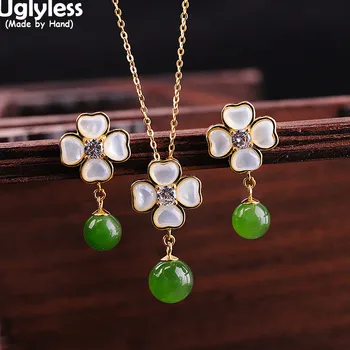 

Uglyless Shinning Cat's Eyes Stones Clover Earrings Necklaces for Women Natural Green Jade Flowers Jewelry Set 925 Silver Dress