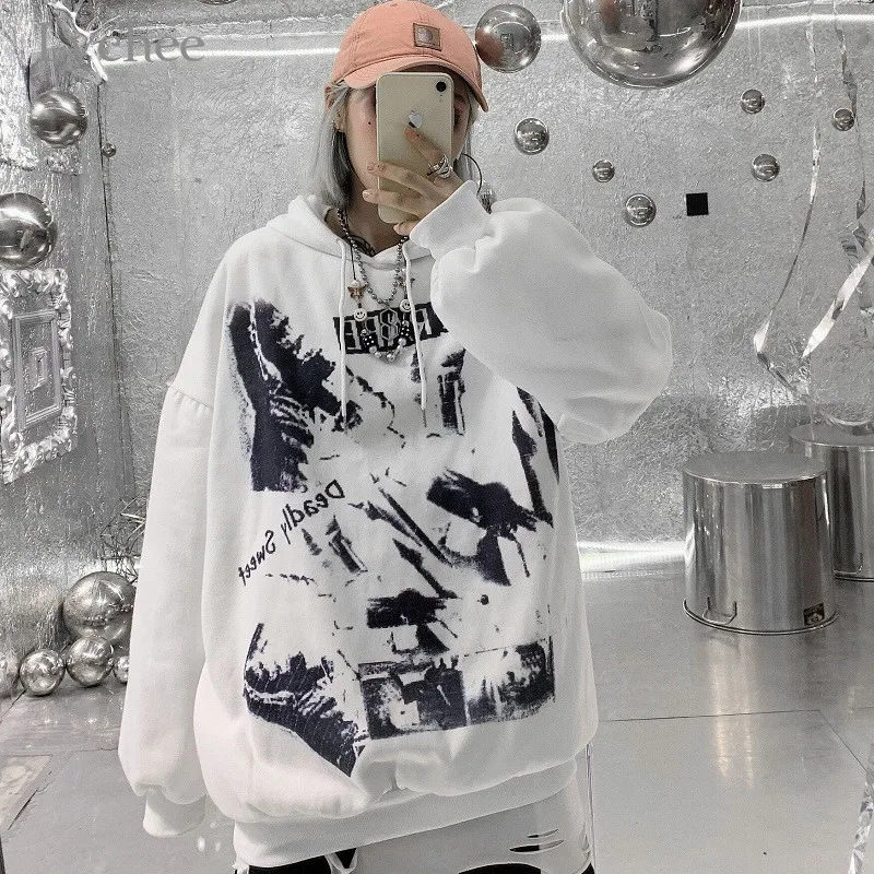 Lychee Harajuku, Свободные повседневные женские толстовки, пуловеры, весна-осень, женские толстовки с капюшоном, граффити, Женская толстовка с капюшоном, Топ