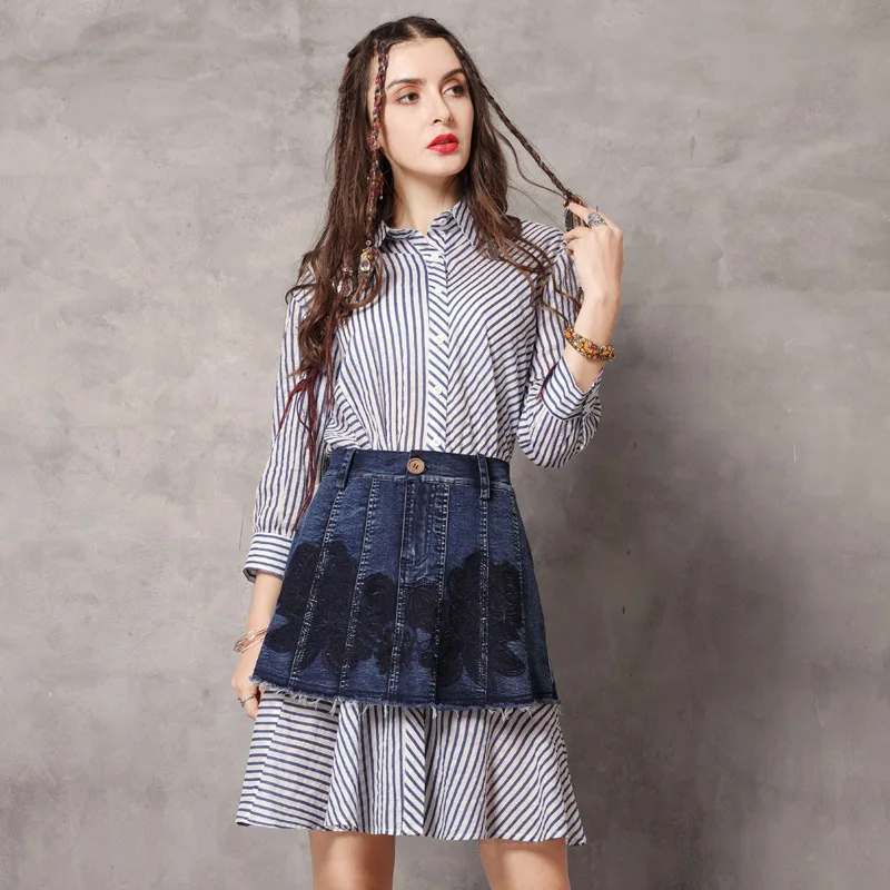 Fine women's clothing 2020 spring new two piece stitching embroidery