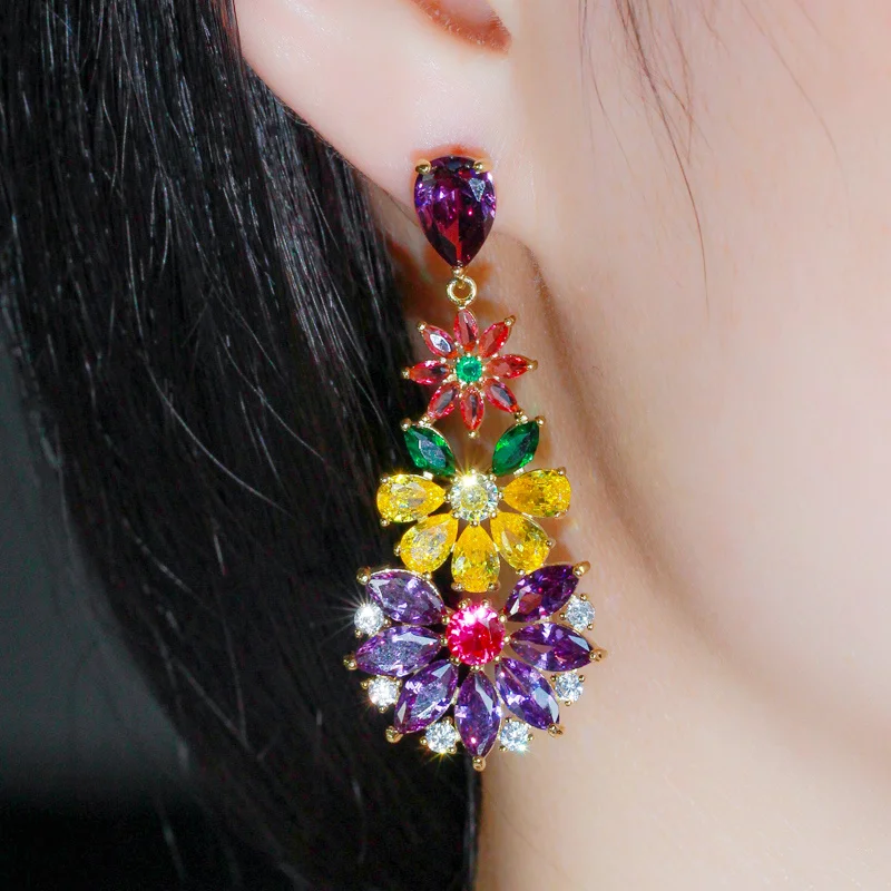 CWWZircons Unique Multicolored Cubic Zirconia Cluster Flower Dangle Drop Earrings for Women Wedding Party Dress Jewelry CZ430 CWWZircons Unique Multicolored Cubic Zirconia Cluster Flower Dangle Drop Earrings for Women Wedding Party Dress Jewelry CZ430