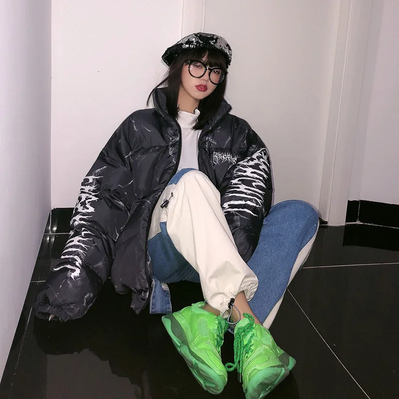 Женские парки с буквенным принтом, модная коллекция осень, широкие приталенные плотные элегантные парки с карманами, пэтчворк, парки для миноритарных людей, D158
