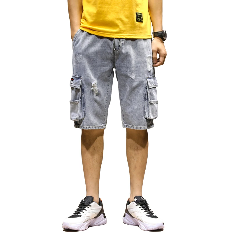 

Shorts Summer Jeans Men Cargo Pants Multi-pockets Cotton Distressed Jean Streetwear Jeans Man Calf-Length Blue Denim Trousers