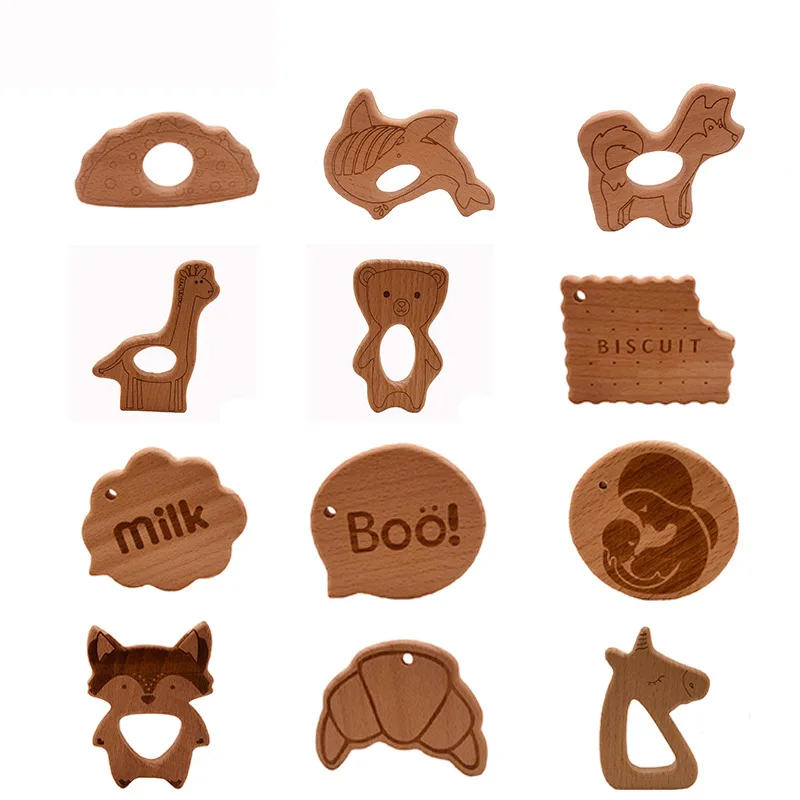 

5Pcs/Lot DIY Baby Teether Toys Wooden Animal Shape Necklace Pendant Food Grade Beech Teether Wood Teething Toy for Newborn