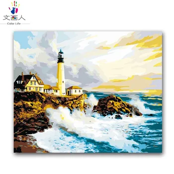 

seascape beacon waves oil painting package diy digital oil painting by the number with kits adult practise paint room