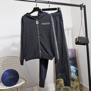 

Fashion Bright Wire Hooded Knitted Cardigan + Pencil Pants Tracksuit Women 2 Piece Set Female Dark Blue Loose Sports Knit Suit