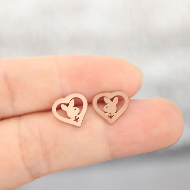 Подарок для нее-кролик в сердце браслет из нержавеющей стали браслеты для влюбленных пар женщин девушек модные украшения подарки на удачу - Окраска металла: rose gold earrings