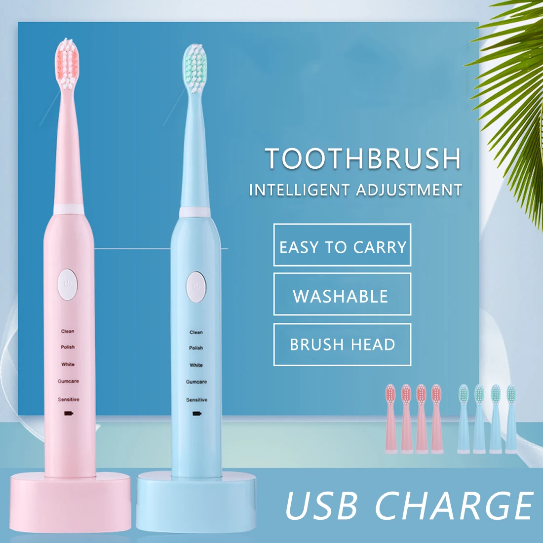 5 Modes Sonic Electric Toothbrush Rechargeable USB Waterproof Timer Tooth Brush Whitening for Adults + 4 Replacement Heads