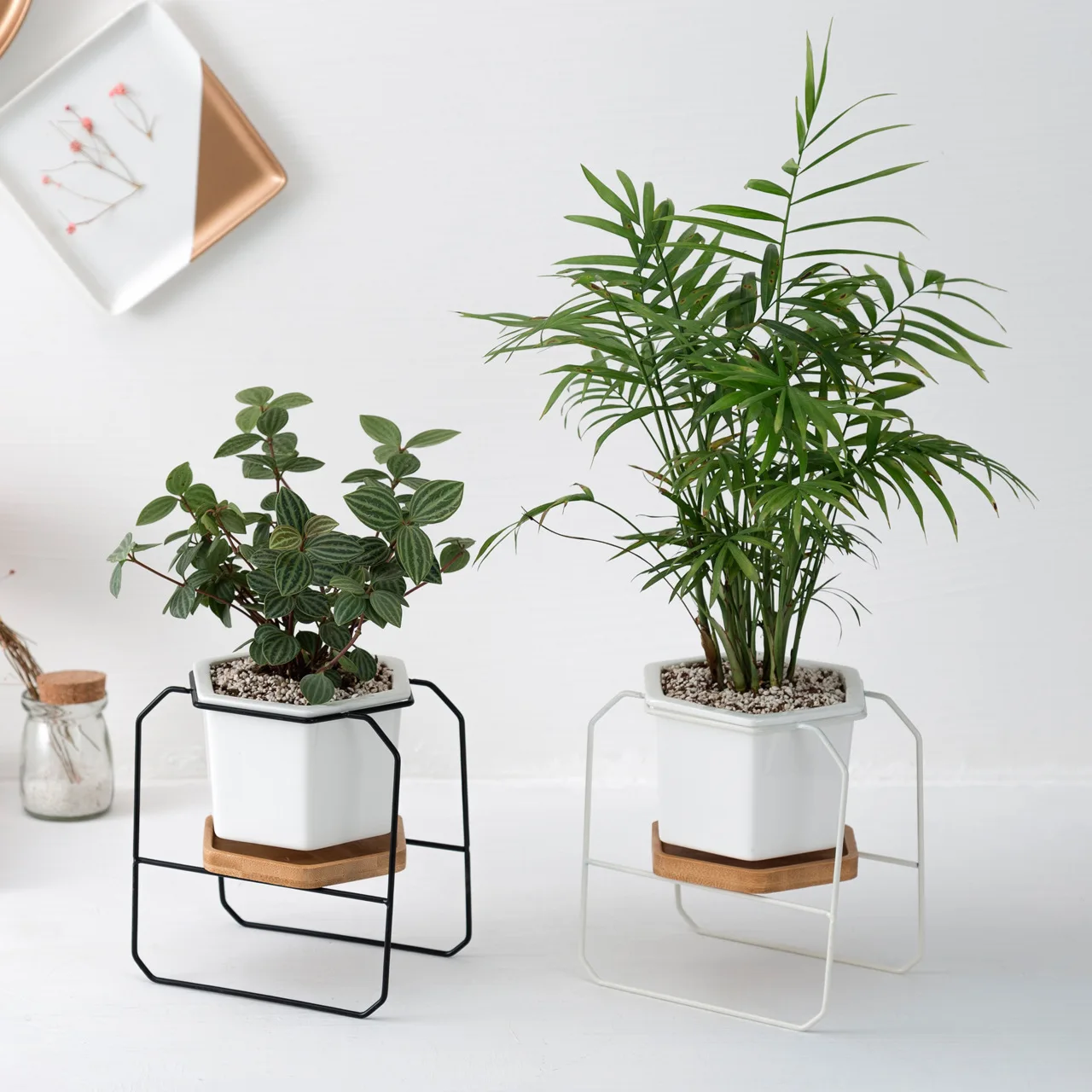 Ceramic Plant Pot+ Iron Display Rack Garden Home Flower Pot Holder Set New