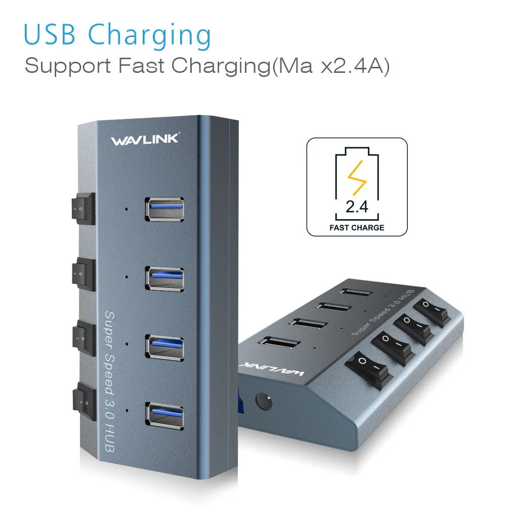 Wavlink высокоскоростной usb-хаб 3,0 4/7 портов Мульти USB 3,0 концентратор разветвитель вкл/выкл переключатель с адаптером питания для MacBook Pro ПК ноутбука