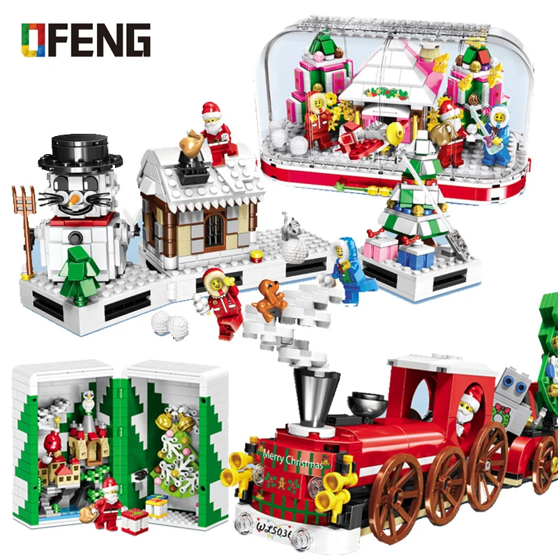 

2019 Crystal Box Santa Village Train Model Building Blocks Compatible Bricks Toys Kits Educational Children Christmas Gifts Box