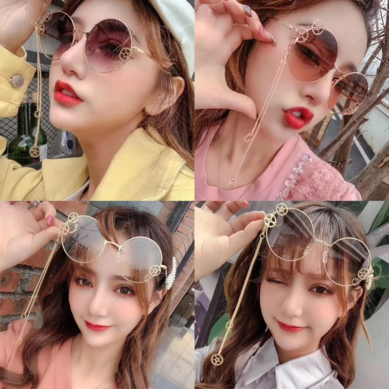 

Evove Round Polarized Sunglasses Women Steampunk Gear Sun Glasses for Woman Vintage Punk Oversized with Chain Shades Hip Hop