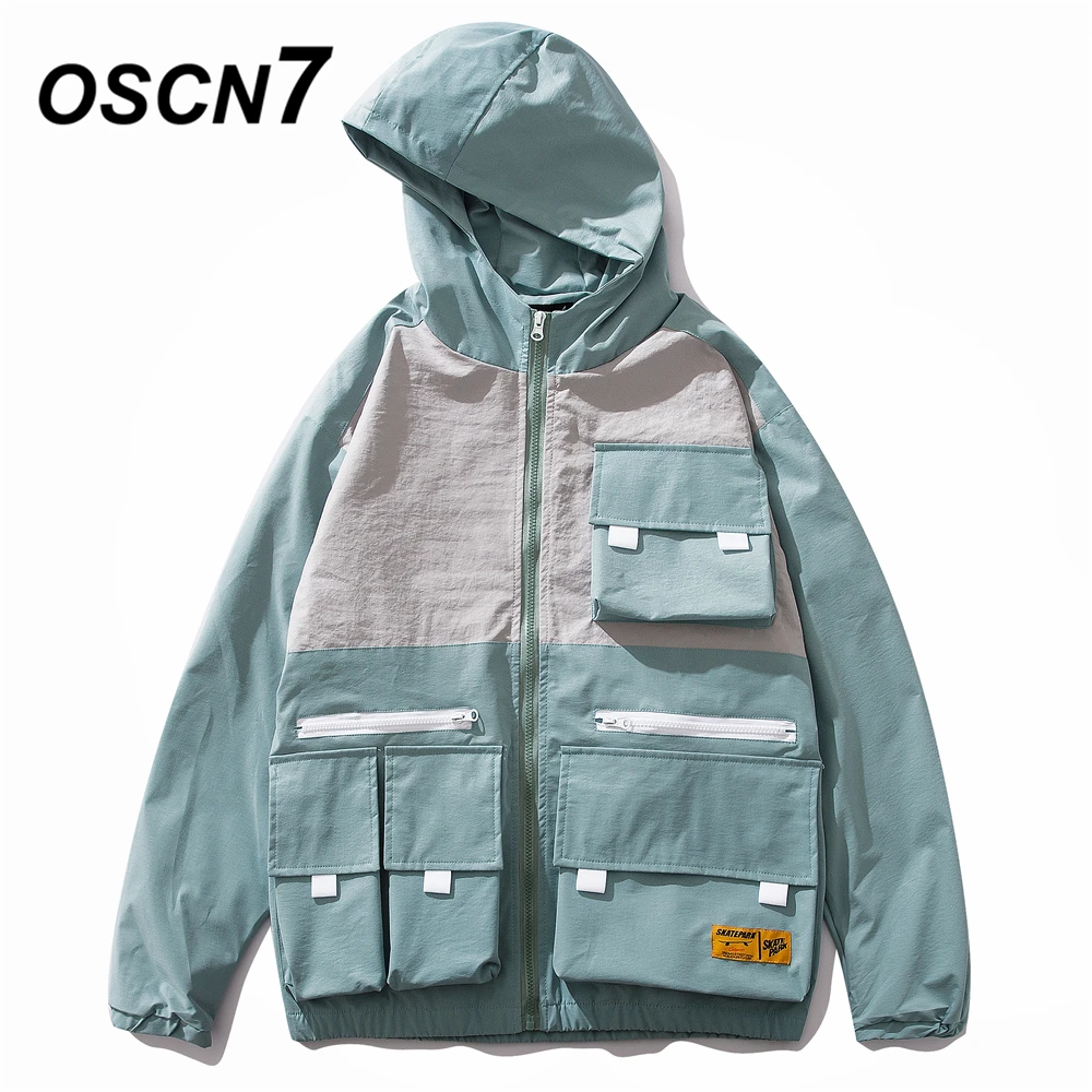 

OSCN7 Hip Hop Contrast Color Hooded Jackets Men 2019 New Streetwear Loose Casual Women Windbreaker Jackets Bomber Coat 9122