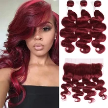 Burgundy Body Wave Bundles With Frontal 13x4 Lace 99J Red Brazilian Remy Human Hair 3 Bundles With Lace Closure Frontal EUPHORIA