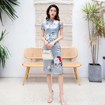 

Women Handmade Button Cheongsam Chinese Traditional Dress Print Satin Dress Sexy Mandarin Collar Qipao M-4XL