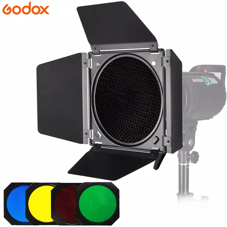 

Godox BD-04 Barn Door + Honeycomb Grid + 4 Color Filter Red/Blue/Green/Yellow For Bowen Mount вспышка со светоотражателем стандартные аксессуары
