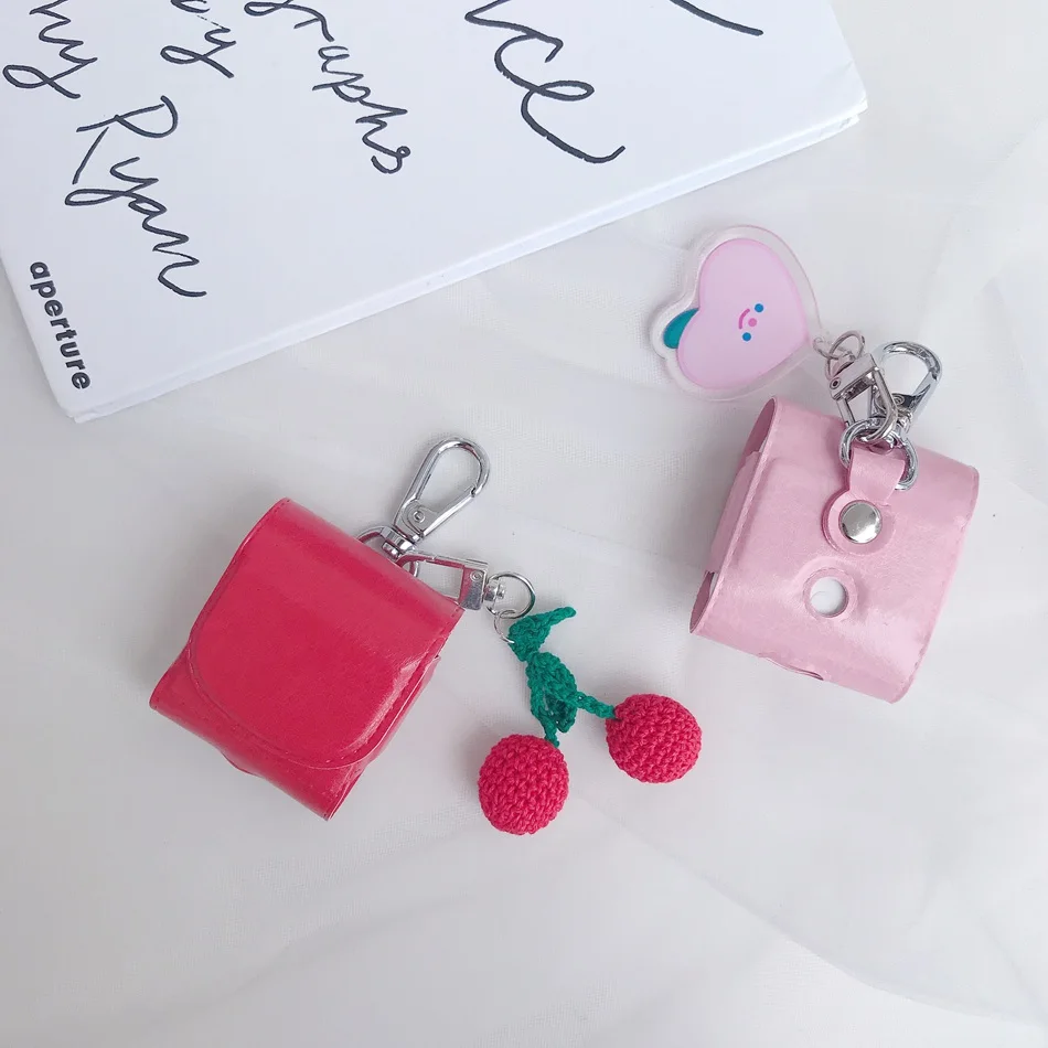 

Leather Luxury Red Cherry Cover Headphone Case For Airpods 2 Case For Apple Air Pods Protective With Key Ring Accessories cover