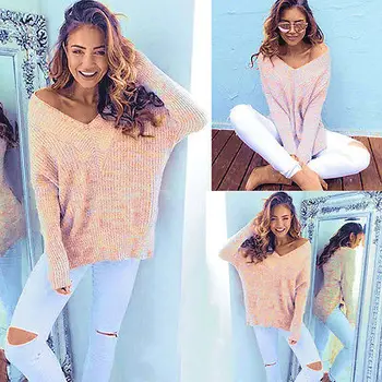 

Fashion New Ladies Casual Women's Sexy Plain Oversized Baggy Knitted Jumper Pullovers V Neck Chunky Sweater Top
