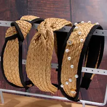 Flatfoosie Diadema ancha Bohemia con nudo cruzado para mujer, bandanas tejidas de paja con perlas de imitación, accesorios para el cabello hechos a mano