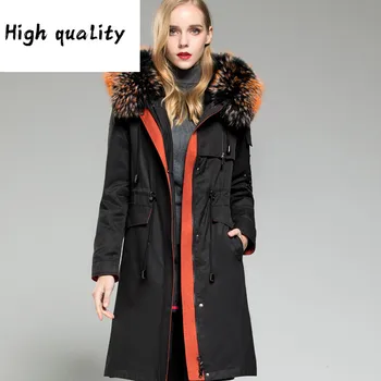 GĂŒnstig Winter Echt Parka Weibliche Kaninchen Liner Warme Jacke Frauen WaschbĂ€ren Pelz Kragen Langen Mantel MY4379
