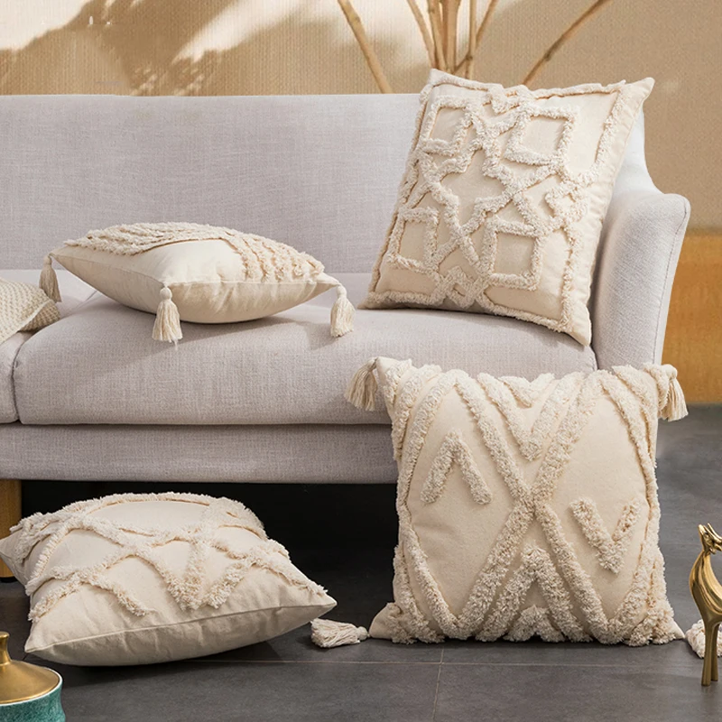 

Tufted Cushion Cover 45x45cm 30x50cm Beige Home Decoration Tassels Pillow Cover for Couch Chair Living Room Bed Room Zip Open