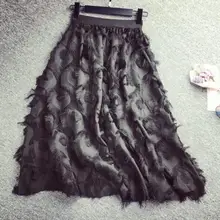 Летние тюлевые юбки с цветочной вышивкой и перьями, длинная юбка с высокой талией, плиссированная юбка с высокой талией, женские юбки-пачки DV567